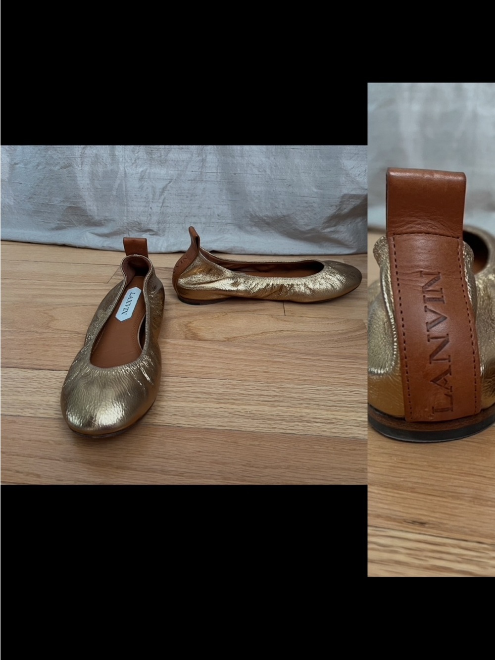 Lanvin Logo copper Gold Brown Leather Ballerina Shoes Slip In Flat 37 US 6,5